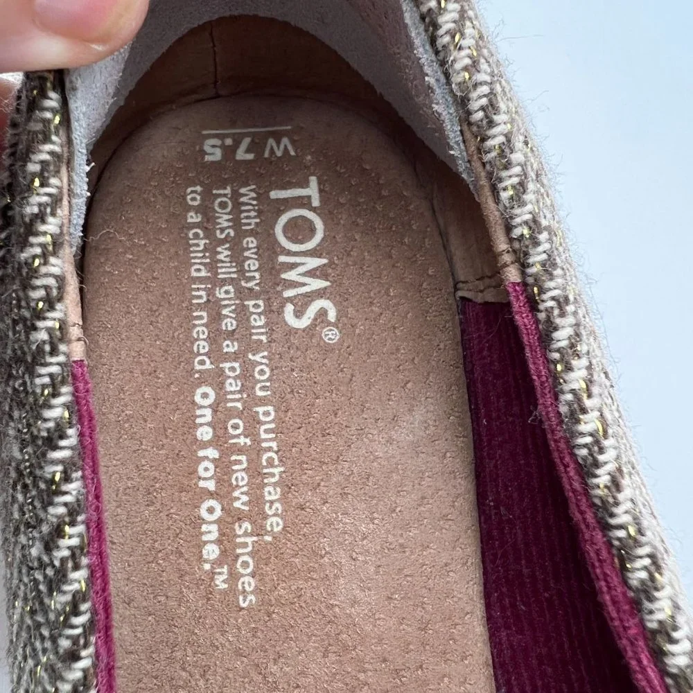 TOMS Stella Calypso Brown Metallic Herringbone Tweed Peep Toe Cork Wedge…‎